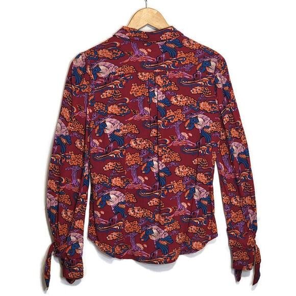Anthropologie Maeve Bird Print Button Down Shirt Ruffle Tie Cuff  Boho Blouse 4 - Picture 10 of 16